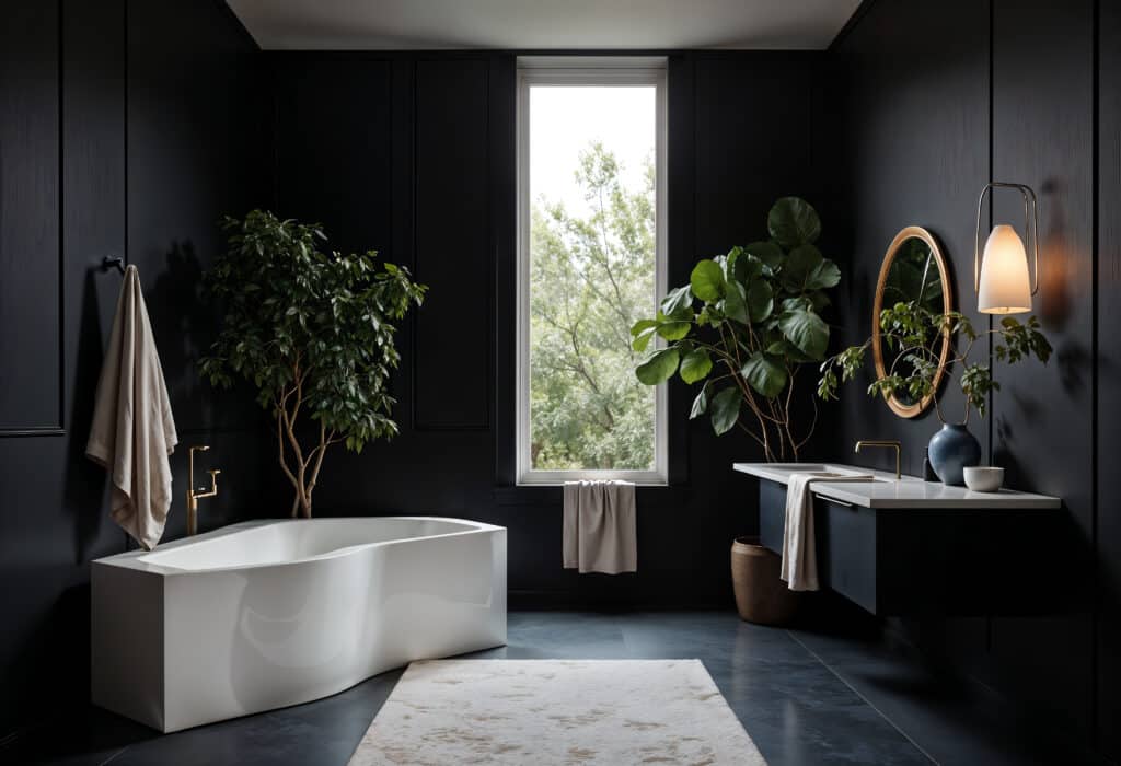 Modern bathroom interior design with freestanding tub and biophilic elements