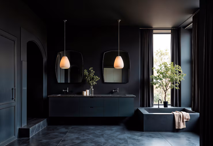 Luxury bathroom with marble countertops and statement chandelier