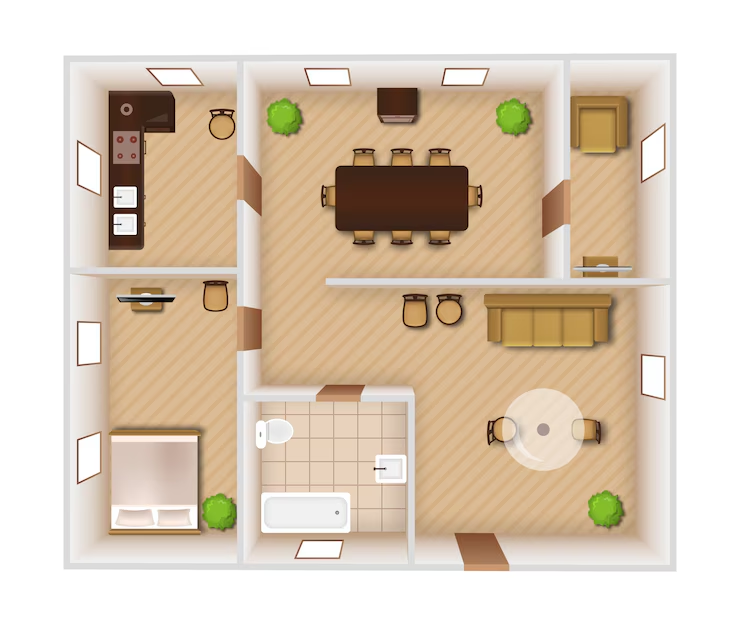 Mediterranean-style one floor house with terracotta tiles and courtyard
