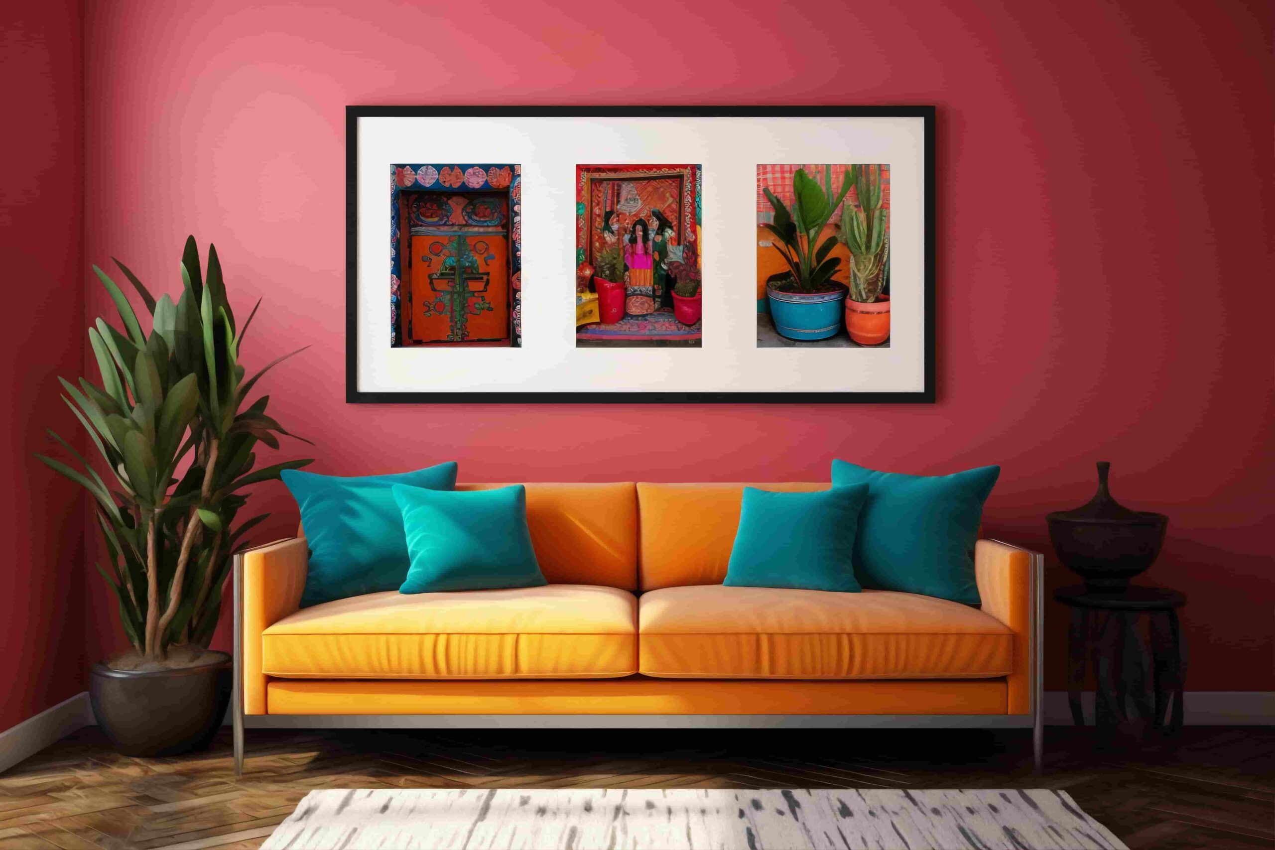 Modern gallery wall decor with mixed frames and abstract art