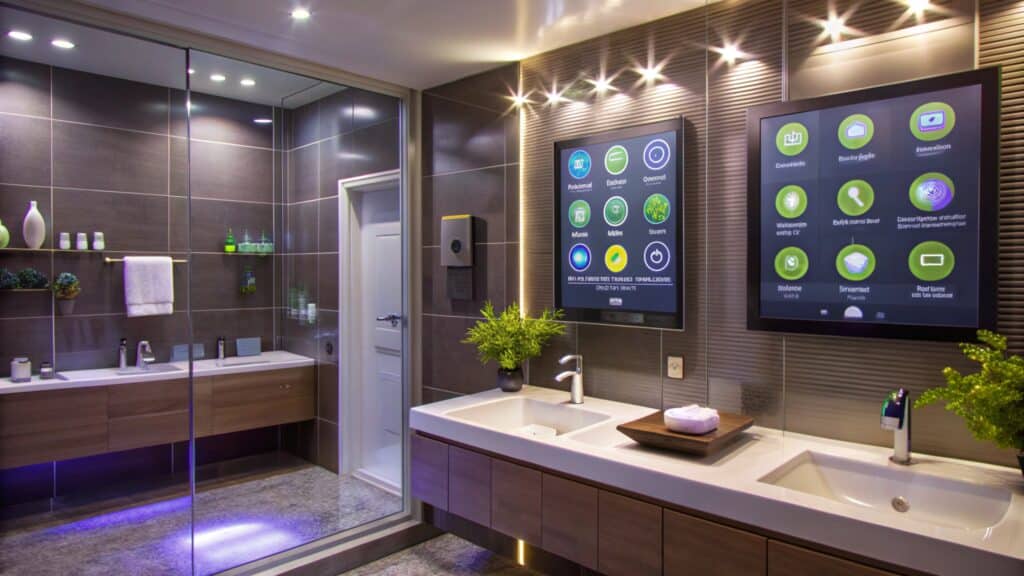 Smart bathroom technology including voice-activated mirror and heated floors