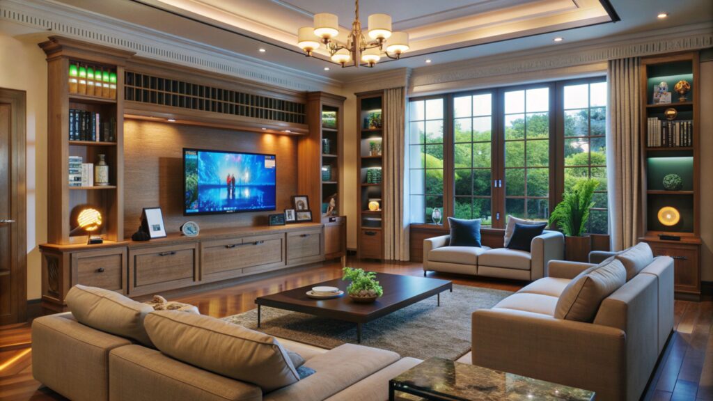 Modern Bengaluru apartment interior with tech-integrated living room