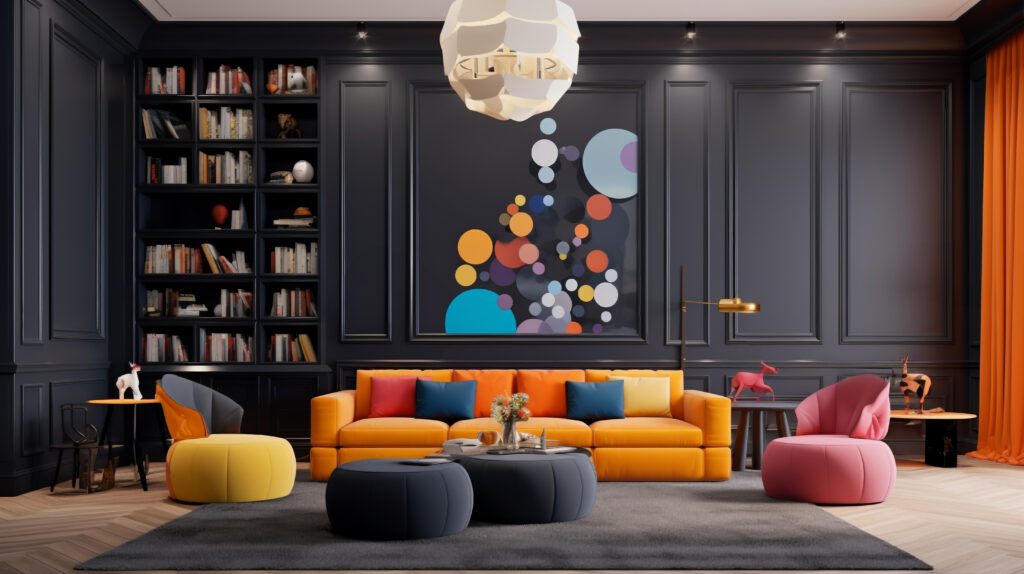 Cozy living room setup with a sectional sofa and warm lighting.