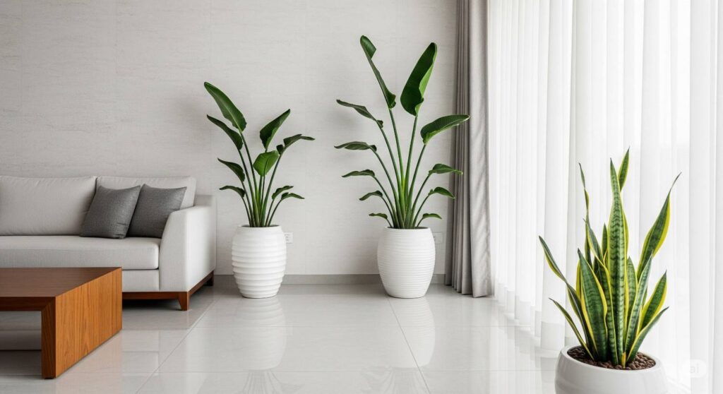 Weather-resistant luxury room design in Bangalore featuring moisture-resistant materials and tropical indoor plants