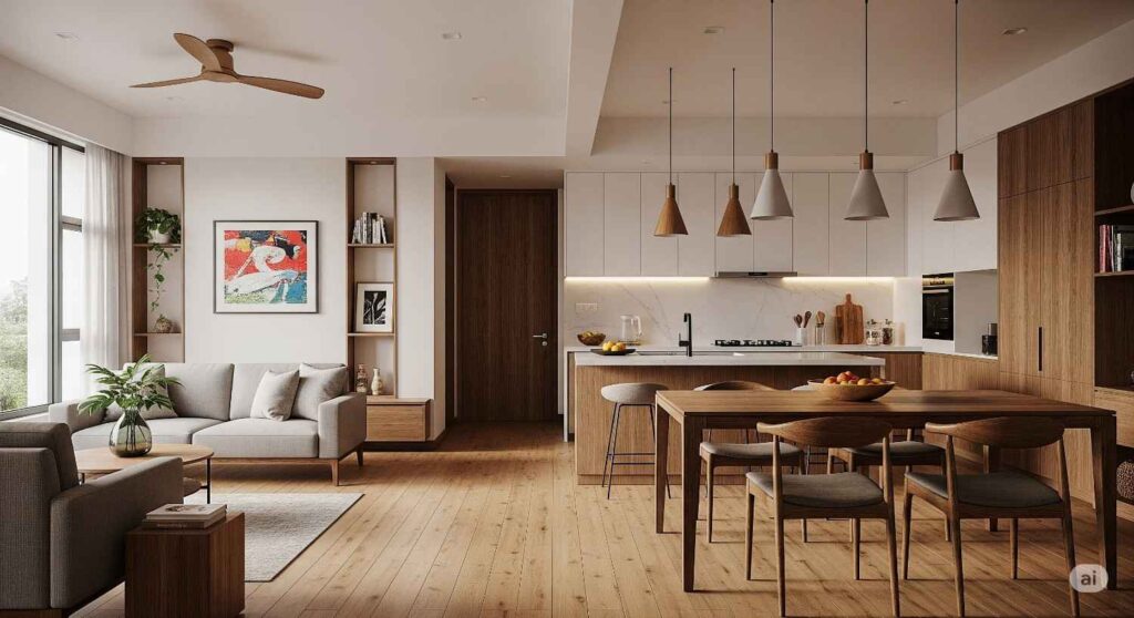 Organic modern interior design in Bangalore home featuring natural wood textures and clean minimalist lines