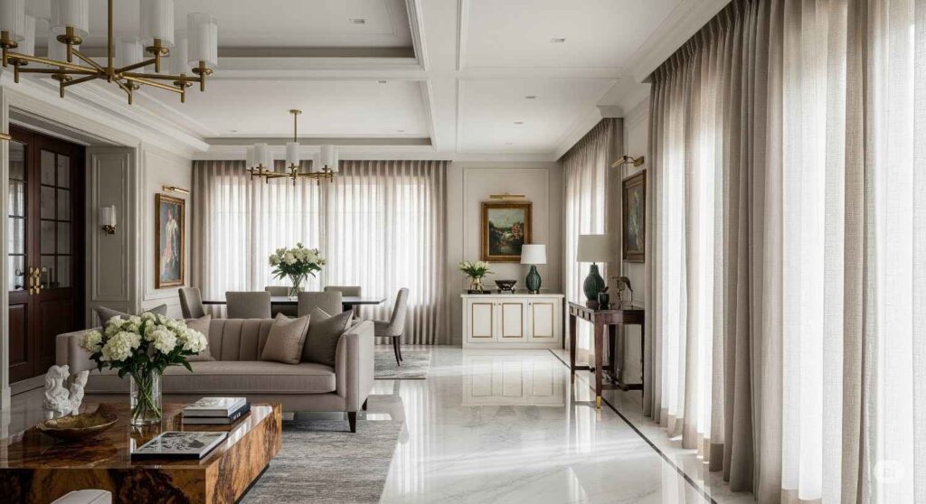 Luxury interior design materials showcase featuring Italian marble, Belgian linens, and brass fixtures used in Bangalore homes