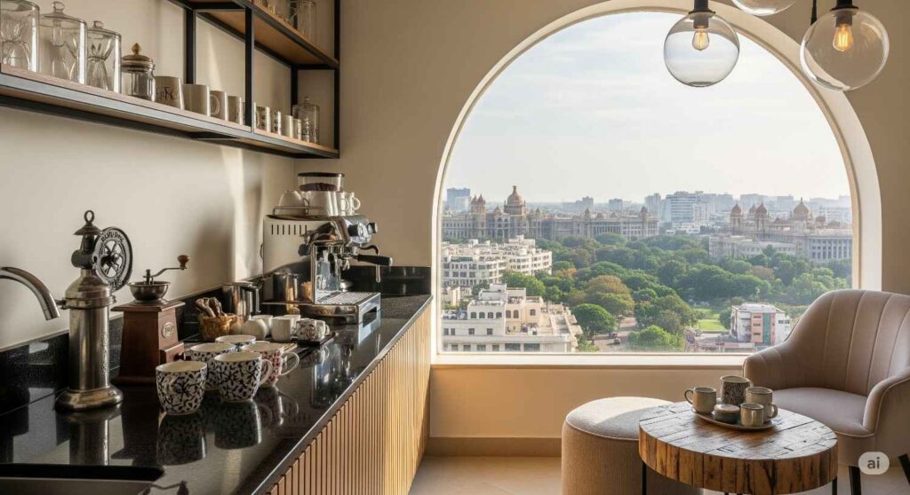 Morning coffee corner with panoramic Bangalore city views designed by Elegante Interiors