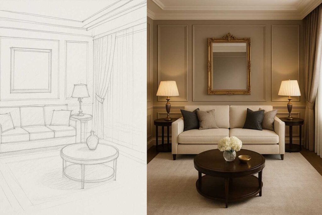 Interior design process transformation showing concept development to finished luxury room in Bangalore