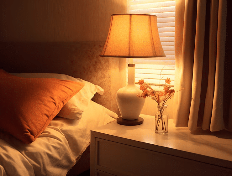 Serene Vastu-compliant bedroom with soft lighting and wooden furniture.