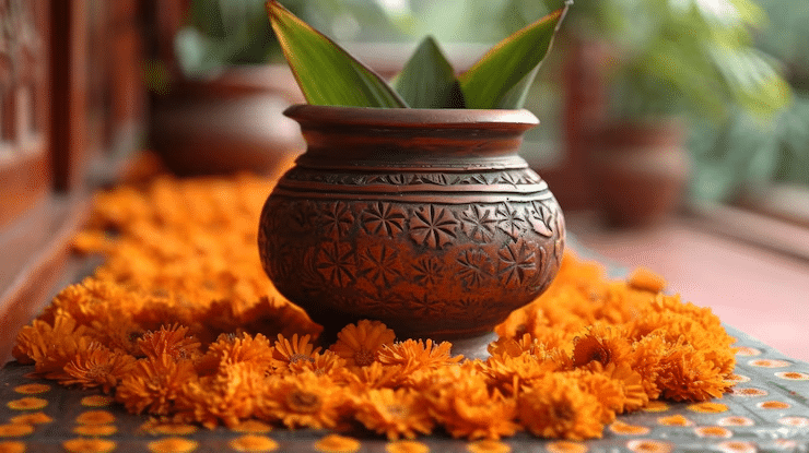 Positive energy decor items like Tulsi plant, salt lamp, and brass Ganesha idol.