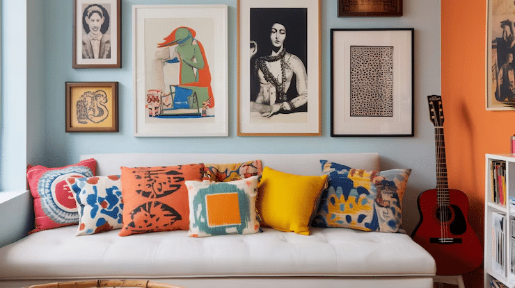 Eclectic bedroom gallery wall with assorted framed art and personal mementos.