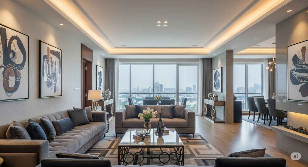 Elegant modern living room interior design in Bangalore with panoramic city views and luxury furnishings by Elegante Interiors