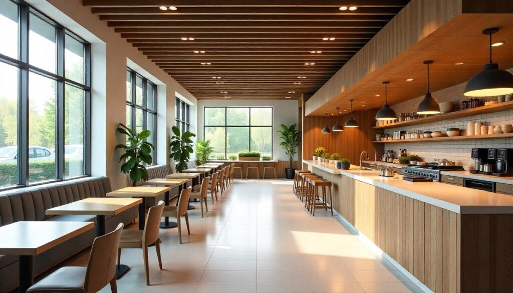 Modern interior cafe desin in a city with greenery.