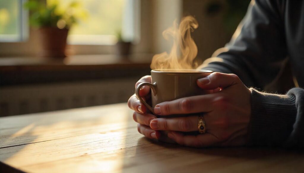 Close-up of hands holding a steaming mug in a cozy, sunlit café setting.
