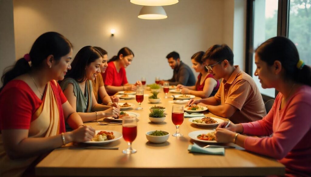 Multi generational indian group sharing meal at adaptable table. Caption: Spaces celebrating every story.