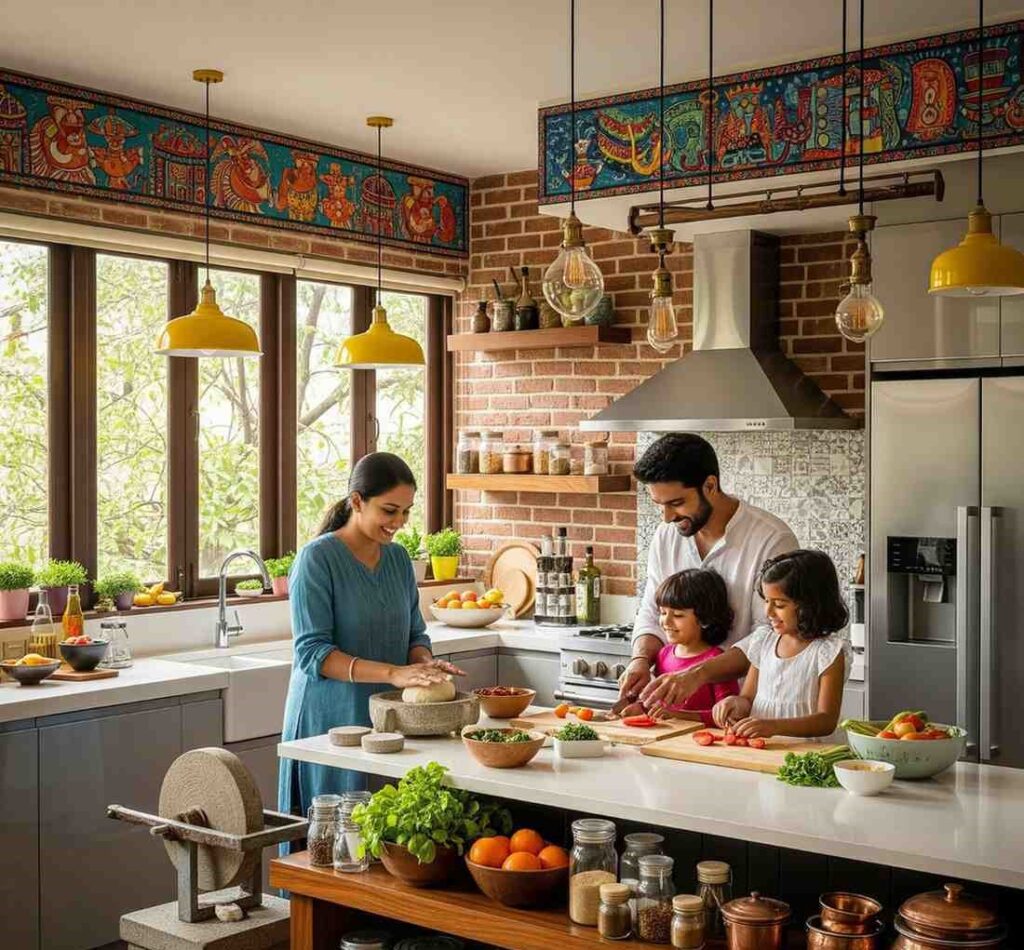 A modern Bangalore kitchen with quartz countertops, smart storage solutions, and layered lighting, designed for Indian cooking workflows.