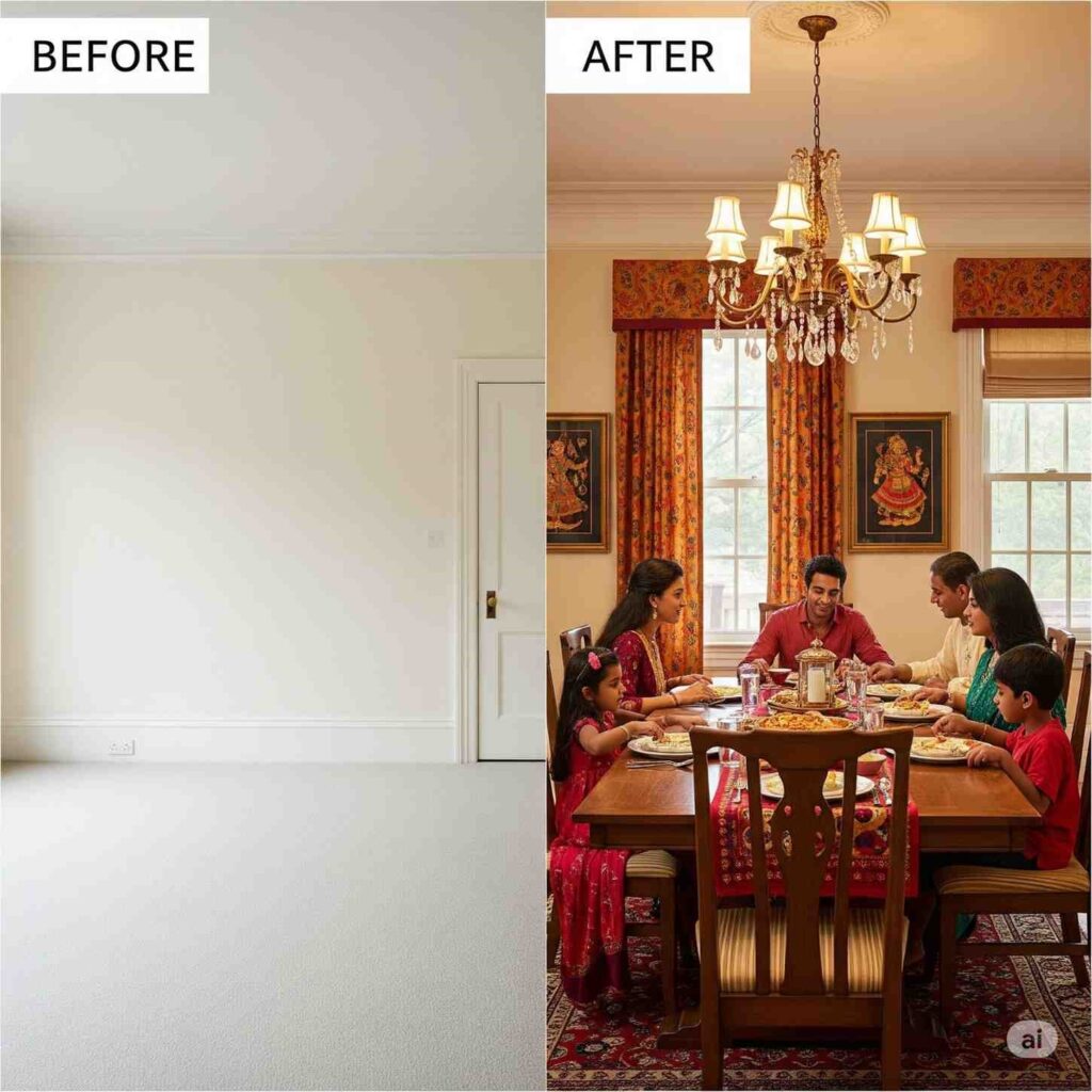 Family Dinner table before and after interior design