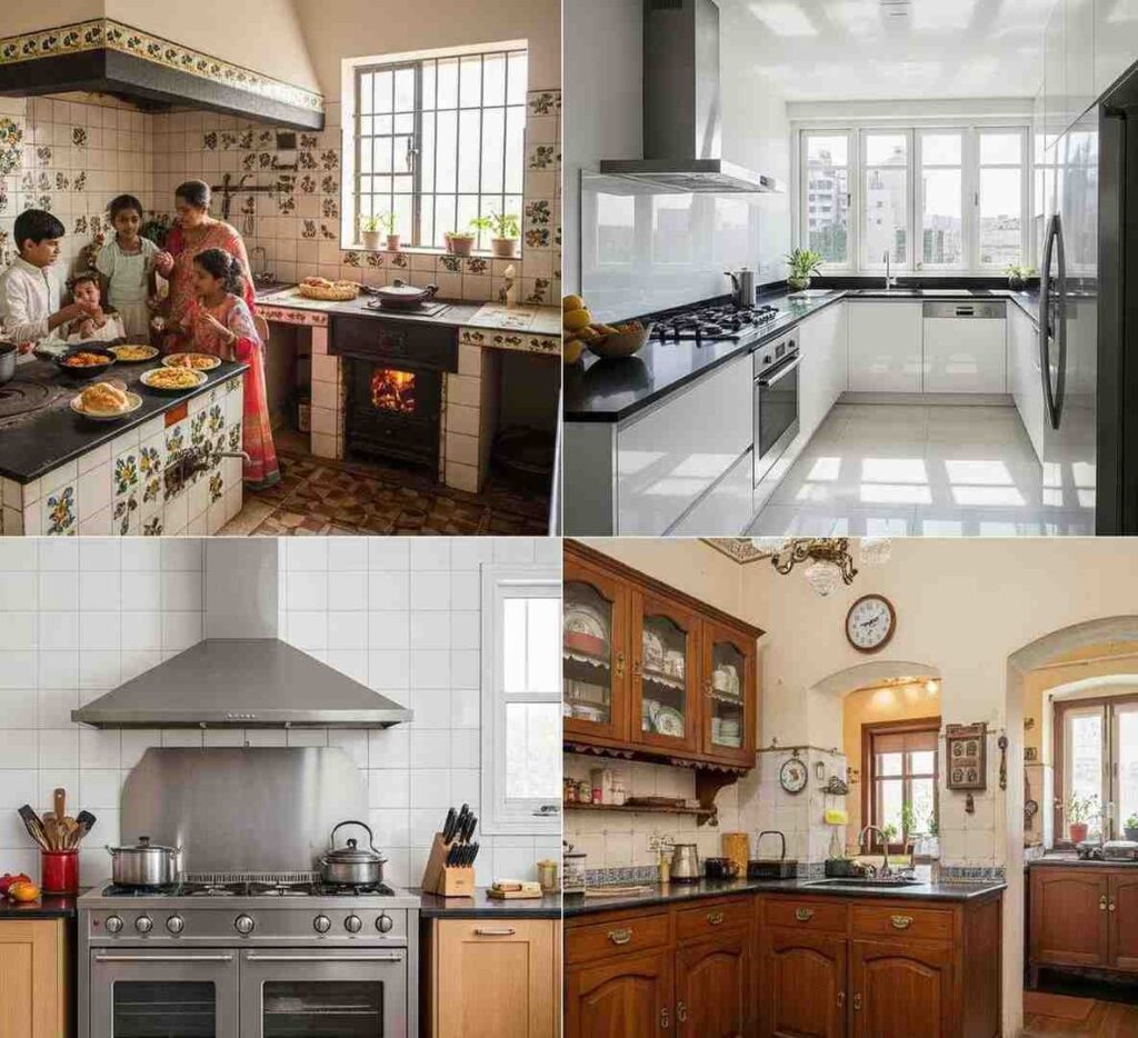 45-square-foot kitchen in Sarjapur featuring fold-out counters, ceiling-mounted pot racks, and pull-down cabinets for compact functionality.