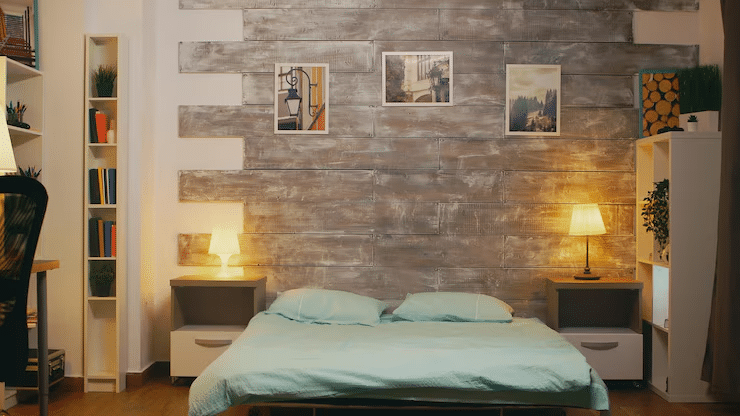 Bedroom wall with 3D paneling behind bed in compact 2BHK