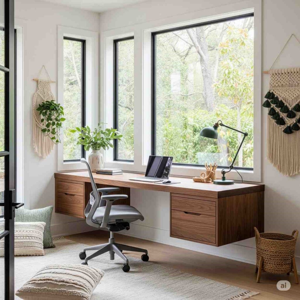 Modern study room with floating walnut desk, ergonomic chair, and natural lighting showcasing contemporary interior design