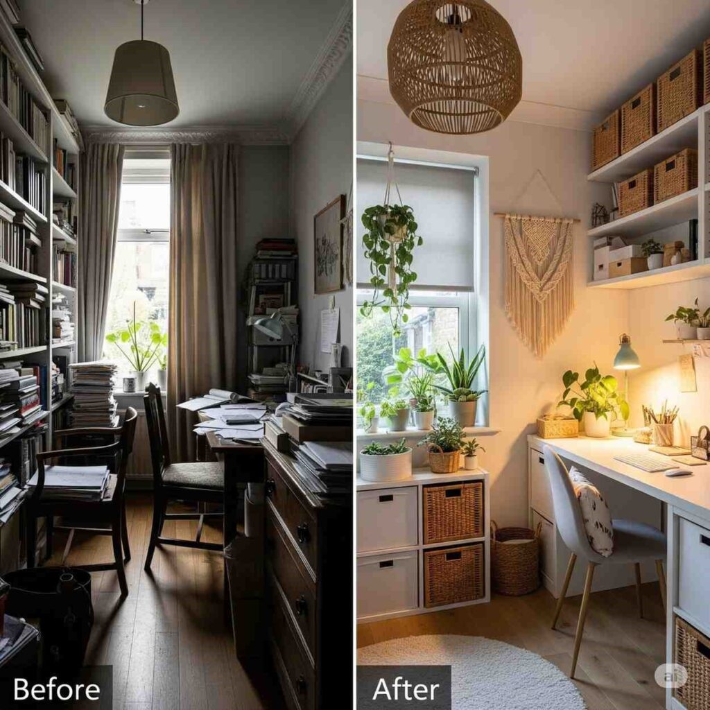 Before and after study room transformation showing cluttered traditional space versus modern organized design