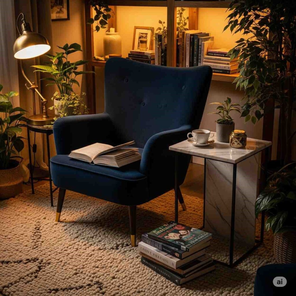 Textured study room corner with navy velvet chair, wool rug, and marble accent table showcasing layered materials