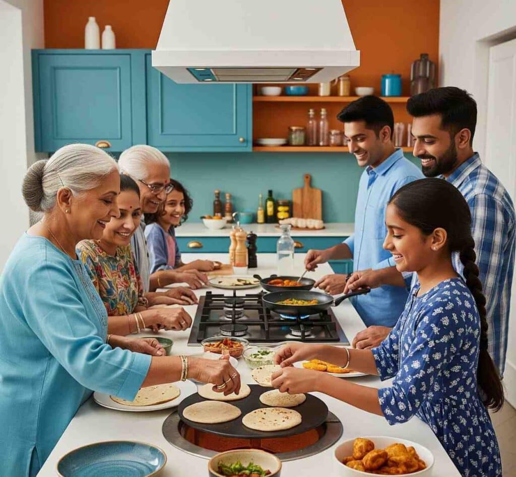 Family happily cooking in a bengaluru kitchen home.