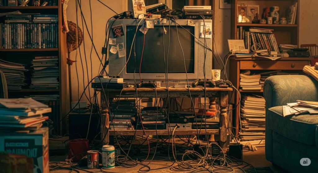 Messy living room showing common TV unit design mistakes with cables and clutter