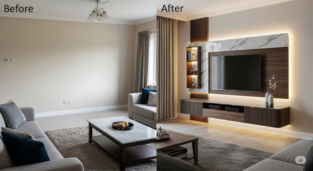 Split image showing living room transformation with elegant custom TV unit design