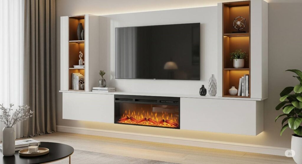 Contemporary floating TV unit featuring built-in electric fireplace and artistic display niches