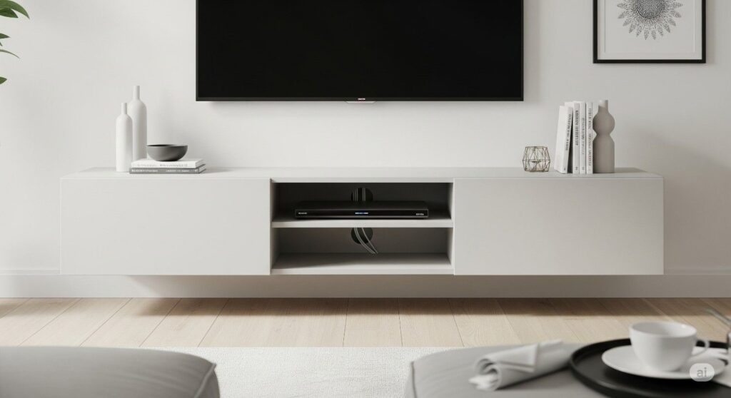Sleek minimalist TV unit showcasing invisible cable management and clean design lines