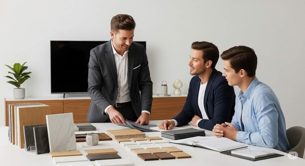 Interior designer consulting with clients over wood samples and finishes for custom TV unit
