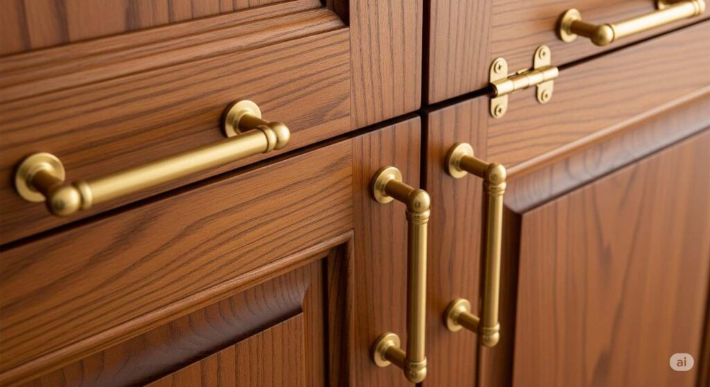 Detailed view of luxury wood grain finish and premium hardware on custom TV unit