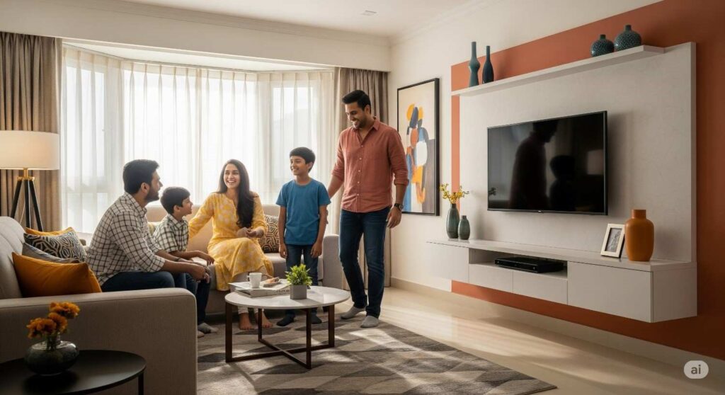 Satisfied family relaxing in their beautifully designed living room with custom TV unit