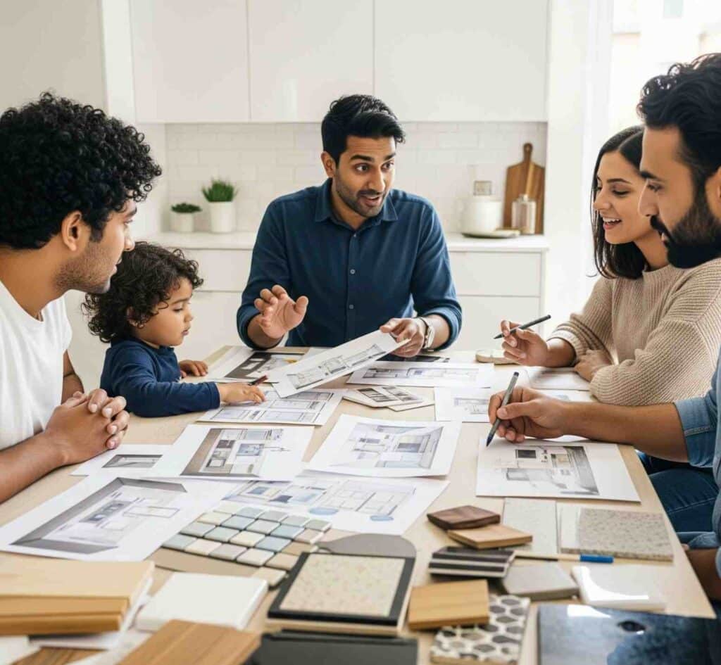 Elegante Interiors design team consulting with homeowners in Bangalore.