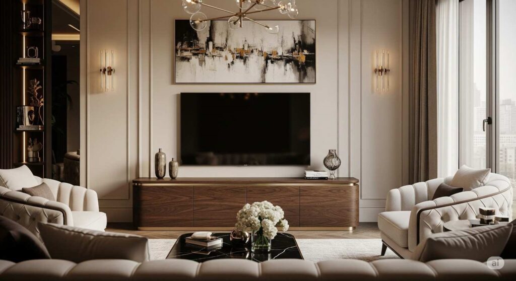 Sophisticated TV unit design in upscale living room with ambient lighting and premium finishes