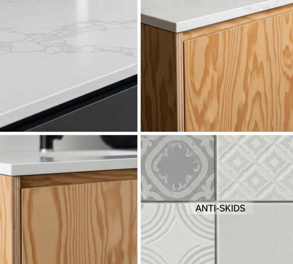Illustration of customized kitchen zones: cleaning, preparation, cooking, and storage, adapted for Indian family needs