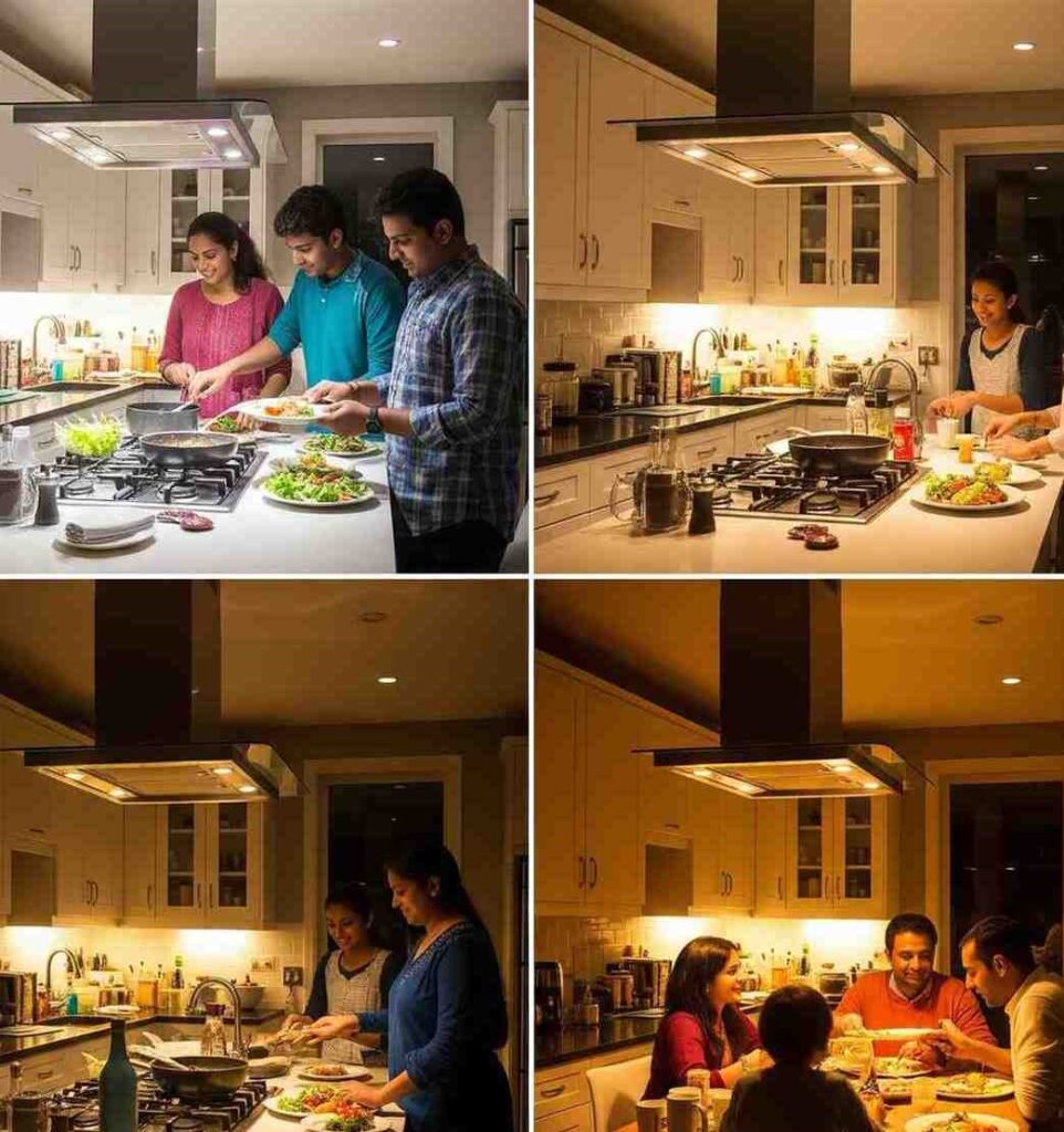 Family cooking together in their renovated 80-square-foot Koramangala kitchen with improved workflow and multi-user design.