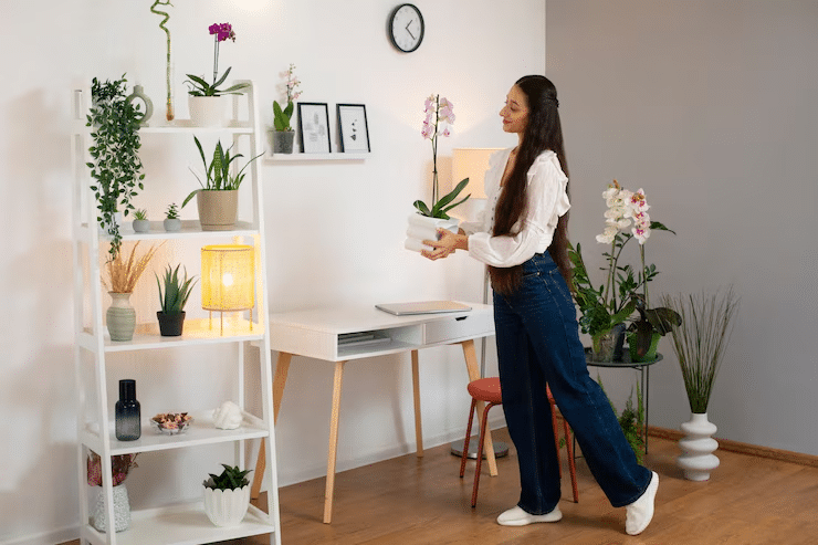 Wall-mounted desk with shelf above bed in small Indian bedroom