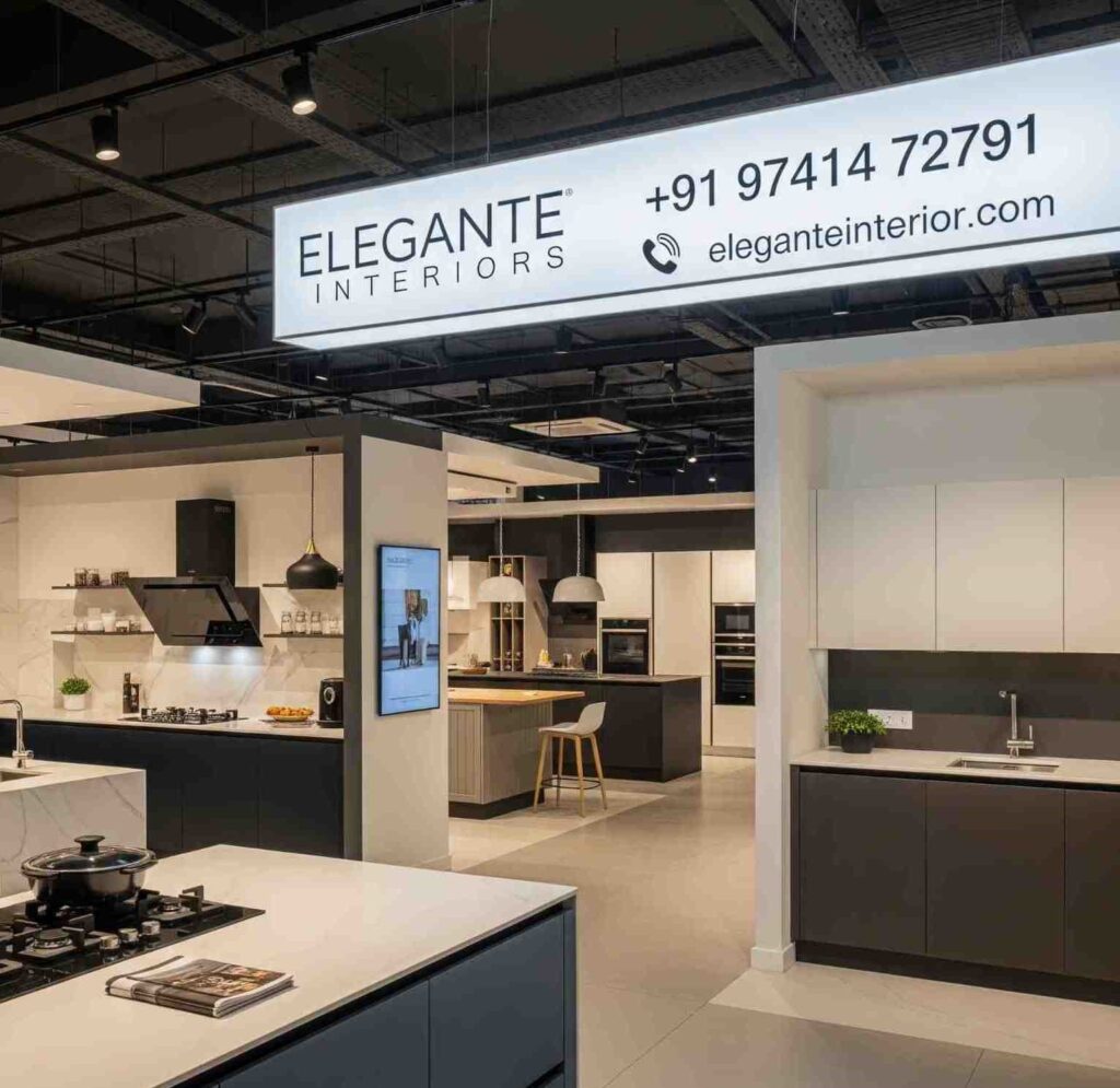 Elegante Interiors showroom displaying moisture-resistant laminates and marine-grade plywood samples.