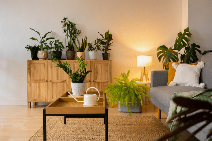 Northeast-facing living room with earthy furniture and indoor plants following Vastu tips.