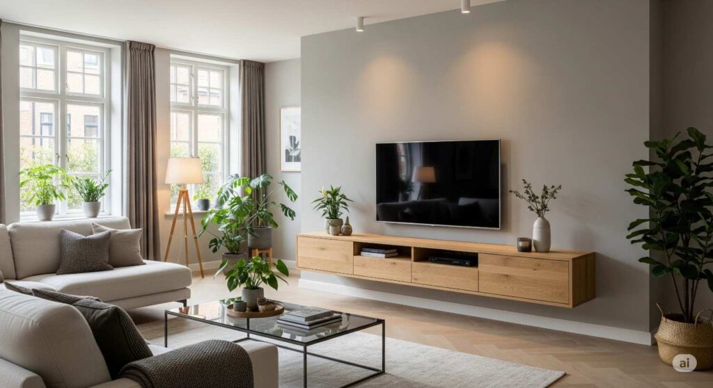 Sleek modern TV unit with floating design and LED backlighting in stylish living room