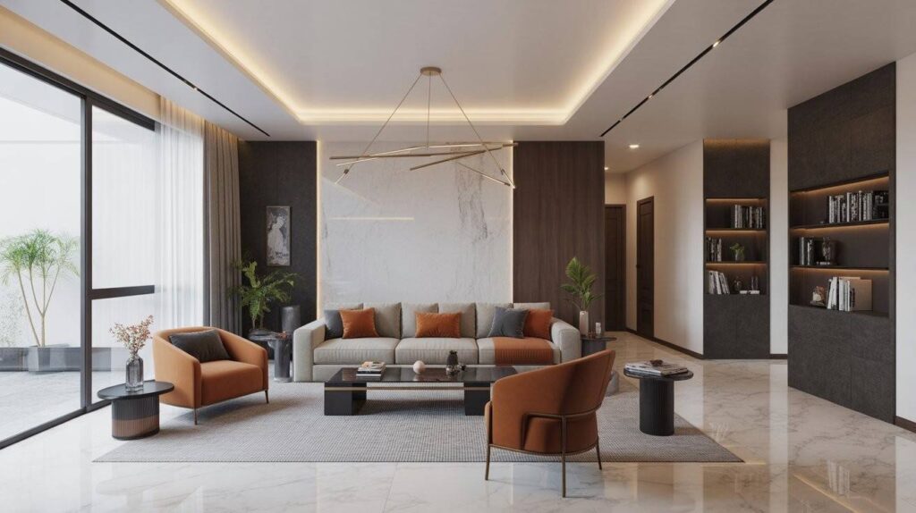 Luxury modern living room designed by Elegante Interiors showcasing marble flooring, custom lighting, and contemporary furniture in Bangalore home