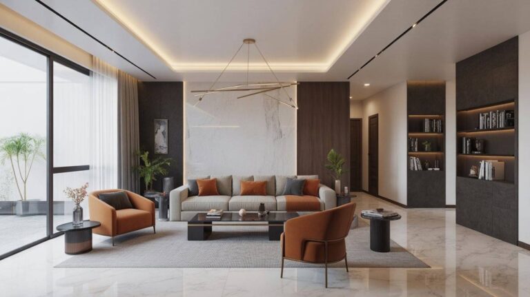 Luxury modern living room designed by Elegante Interiors showcasing marble flooring, custom lighting, and contemporary furniture in Bangalore home