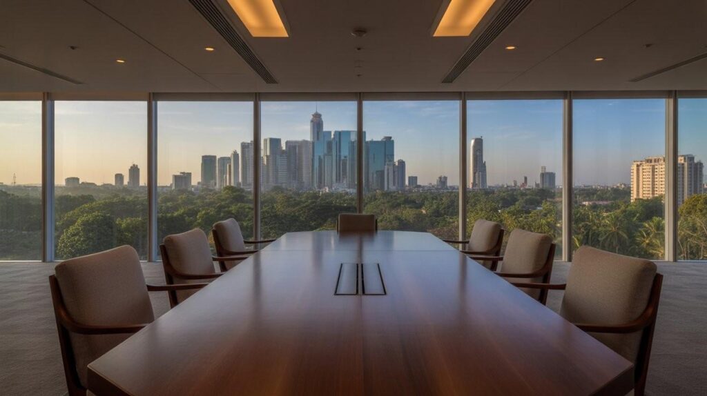 Modern commercial office interior in Bangalore with city skyline view and contemporary design elements