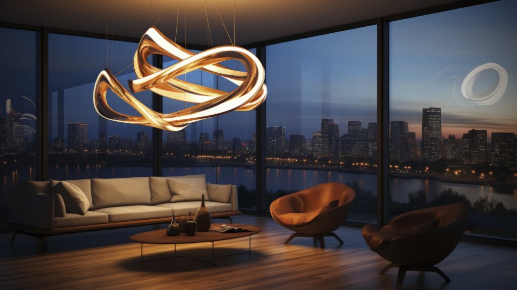 Elegant modern living room interior design in Bangalore apartment with contemporary furniture and city skyline view