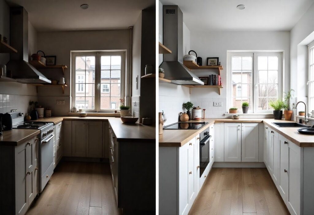 Before and after comparison showing damaged particle board kitchen renovation with quality plywood replacement showcasing durability difference