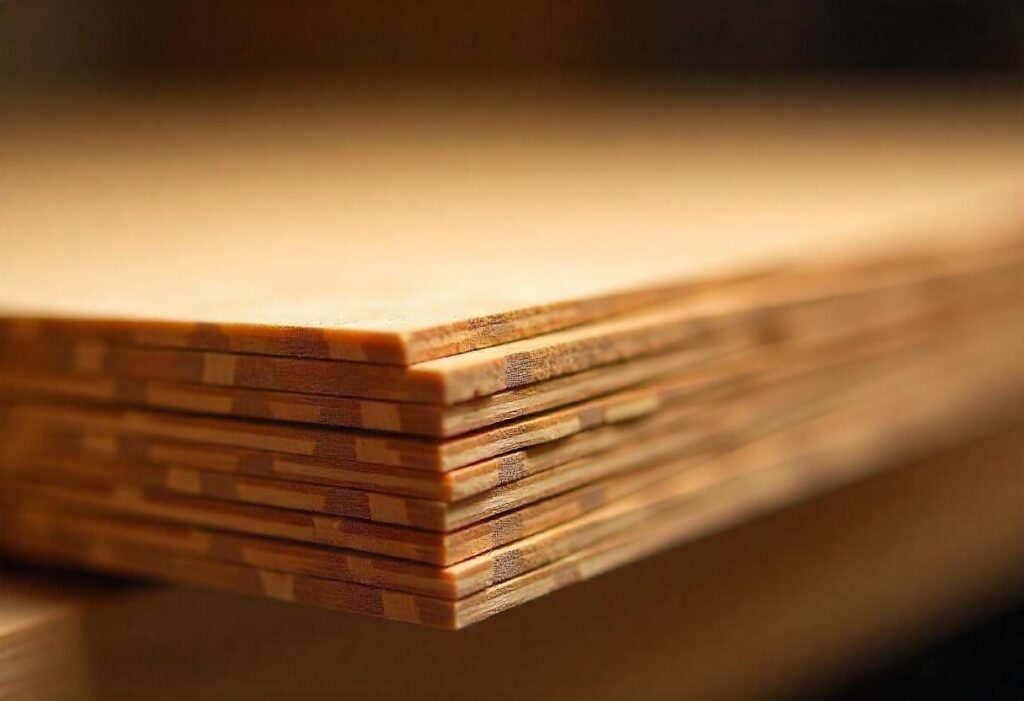 Detailed macro photograph of plywood cross-grain construction showing alternating wood veneer layers for strength and stability