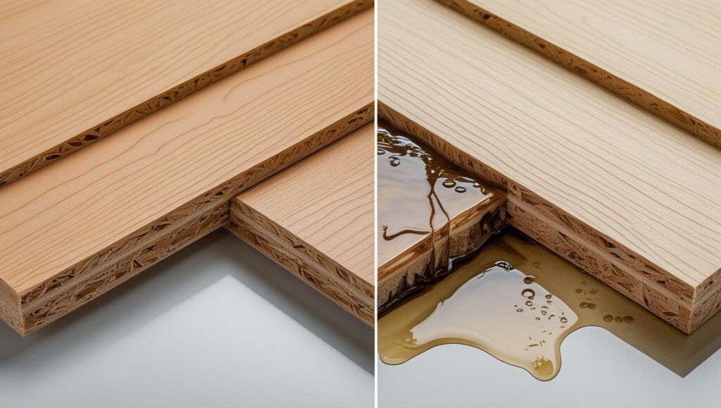 Comparison image showing new flat particle board next to water-damaged swollen particle board demonstrating moisture vulnerability