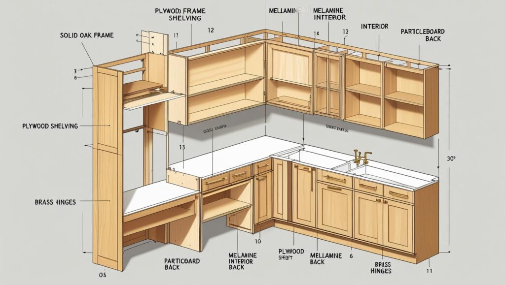 Technical diagram showing cabinet construction with plywood frame MDF doors and strategic material placement for optimal performance